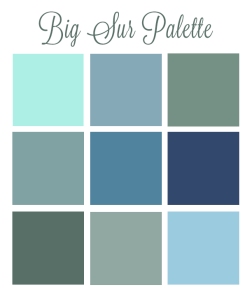 big sur color palette with colors of the ocean; sea foam green, aqua, turquoise, blue, green, deep blue
